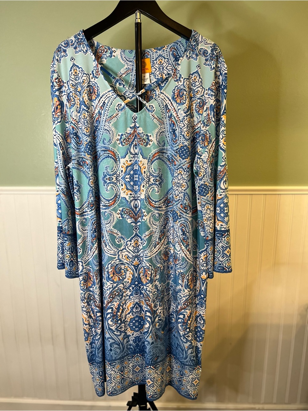 Ruby Rd. Aqua and Navy Paisley Long Sleeve Dress. Size XL